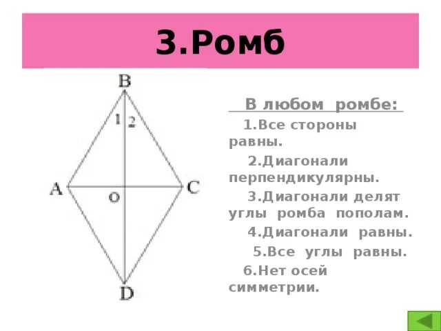 Диагонали ромба равны. Углы ромба равны. Диагонали ромба перпендикулярны. В любом ромбе диагонали равны. Сформулируйте свойства диагоналей ромба