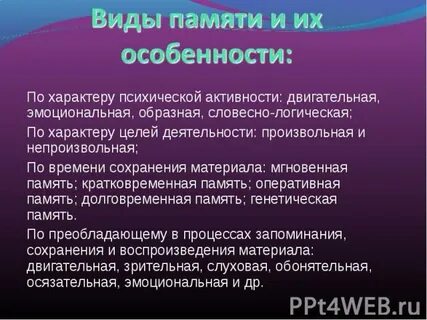 Виды памяти и их особенности