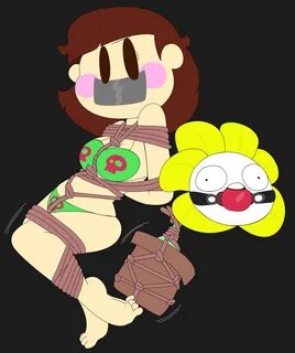 chara, flowey the flower, undertale, ball gag, blush, bondage, confused, co...