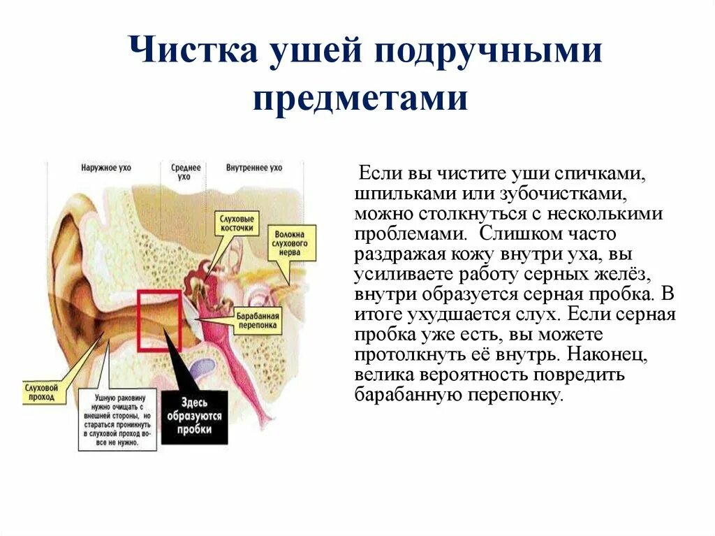 Почему образуются серные. Чистка ушей подручными предметами. Строение уха человека с пробкой.