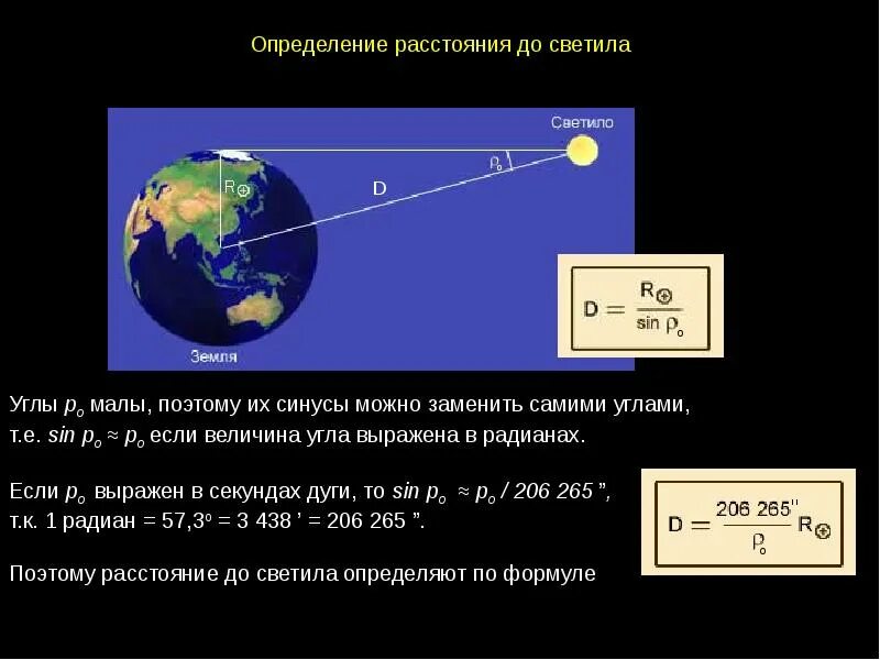 Измерение расстояние до солнца. Формулы для определения расстояния до небесных тел. Определение размеров небесных тел. Горизонтальный параллакс. Угловой горизонтальный параллакс в астрономии.