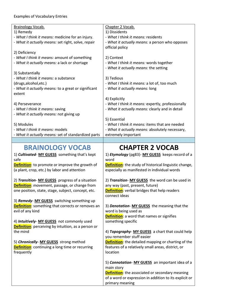 Vocabulary entry examples.