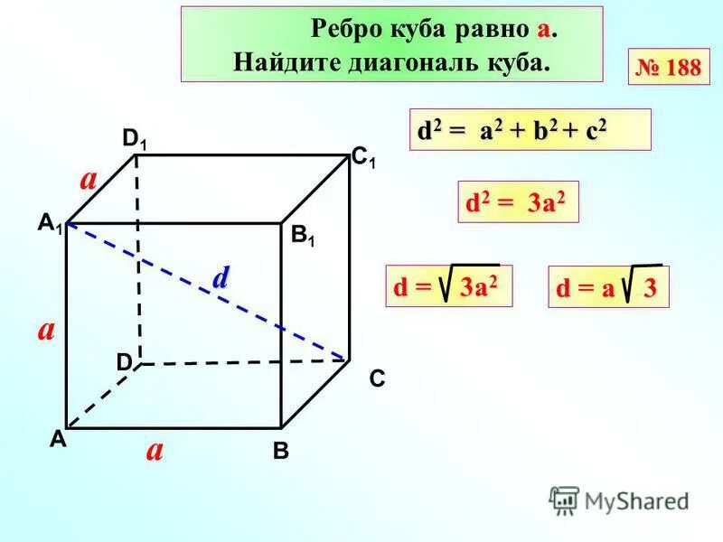 Диагональ Куба равна формула. Диагональ грани Куба формула. Чему равна диагональ стороны Куба. Формула нахождения диагонали Куба.