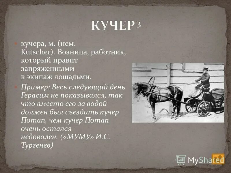 Слуга работник который правит лошадьми в экипаже. Слуга работник который правит лошадьми в экипаже