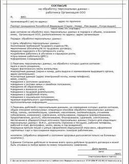 Список персональных данных работника