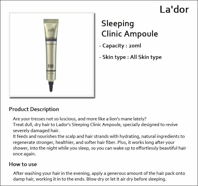 Snail sleeping hair ampoule 20 мл. La`dor ночная восстанавливающая сыворотка snail sleeping hair ampoule 20 мл. La'dor snail sleeping hair ample. Snail sleeping hair ampoule lador 150 мл. Способ применения ампула для волос.