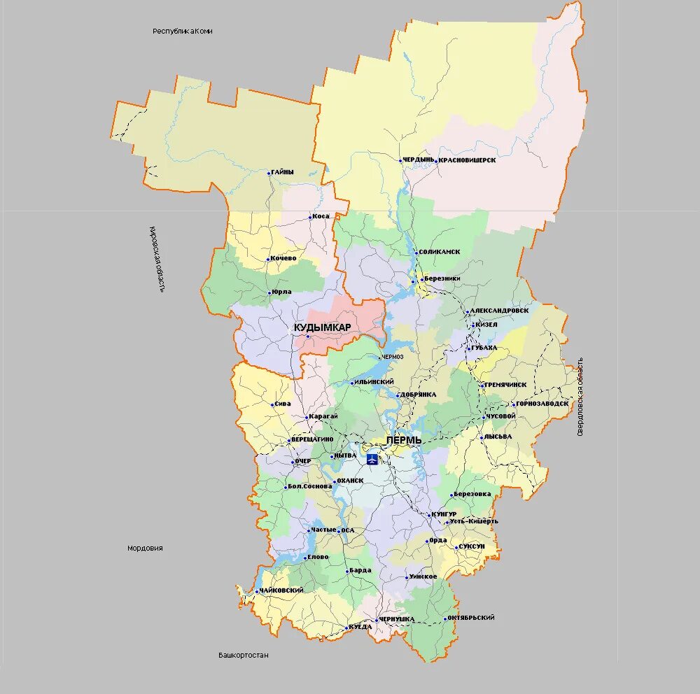 Карта Пермского края с районами. Карта Пермского края по районам. Карта Пермского края с городами. Территория Пермского края на карте. Административный центр пермского края