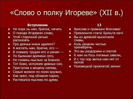 Слово о полку игореве пересказ по главам