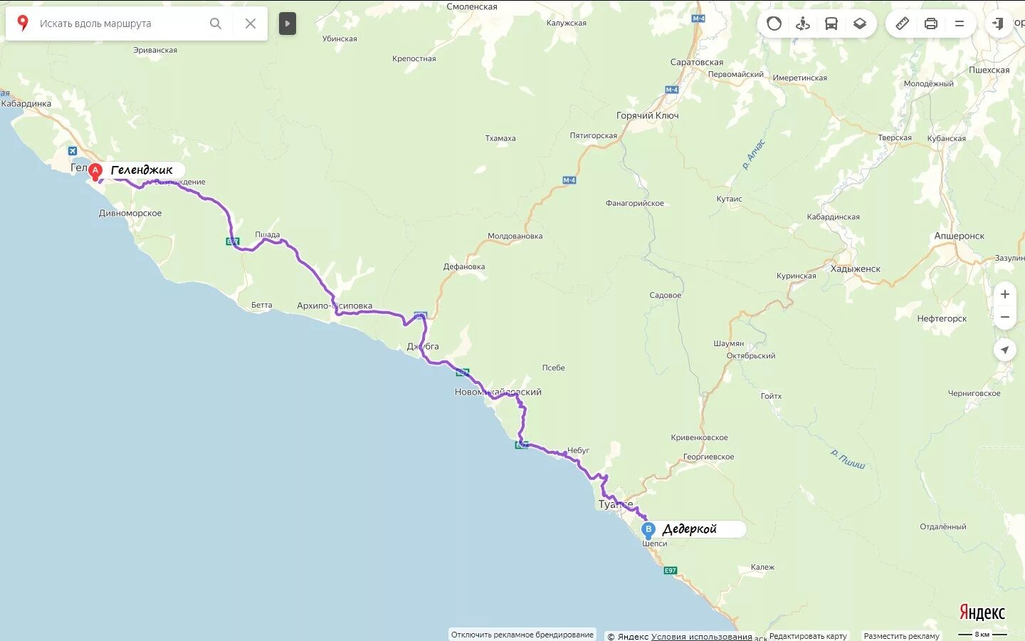 Горячий ключ джубга расстояние. Карта Черноморского побережья от Туапсе до Геленджика.