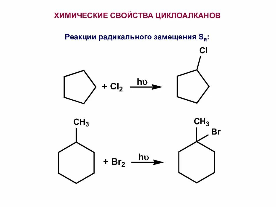 Циклопентан вступает в реакцию. Химические свойства циклоалканов радикальное замещение. Химические реакции циклоалканов. Галогенирование циклоалканов замещение. Радикальное замещение галогенирование.