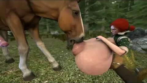 Horse long cock fucking the redheaded girl's nipples in the woods 