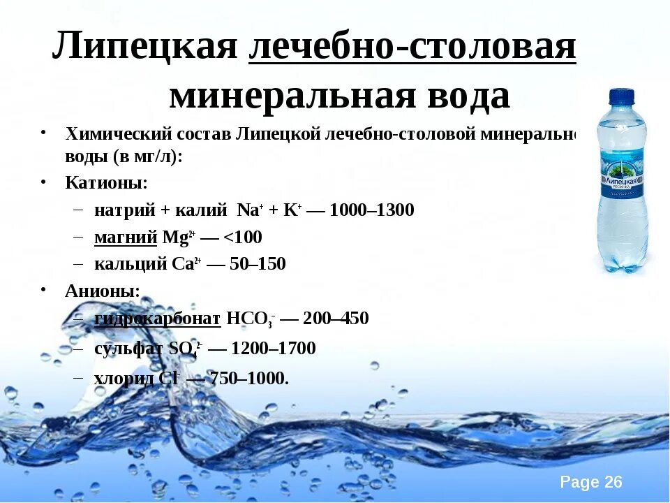 Состав минеральной воды. Химический состав минеральной воды. Липецкая лечебно-столовая минеральная вода состав. Компоненты питьевой воды.