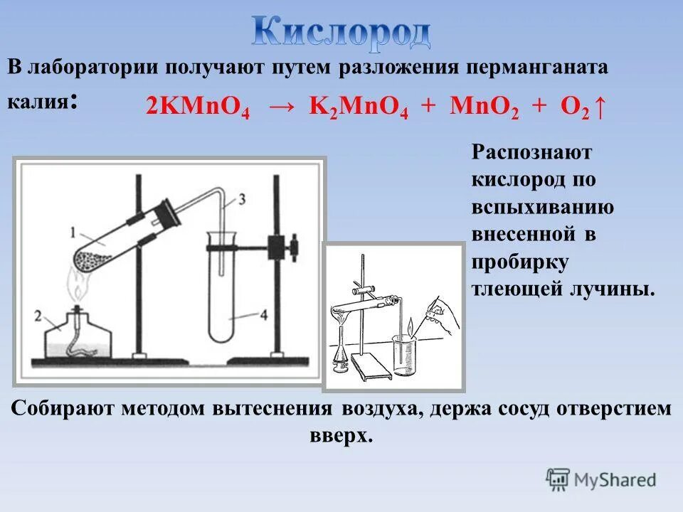 Перманганат калия o2. Кислород из перманганата калия. получение и собирание кислорода. получтение и собрание кислорода. метод вытеснения воздуха.
