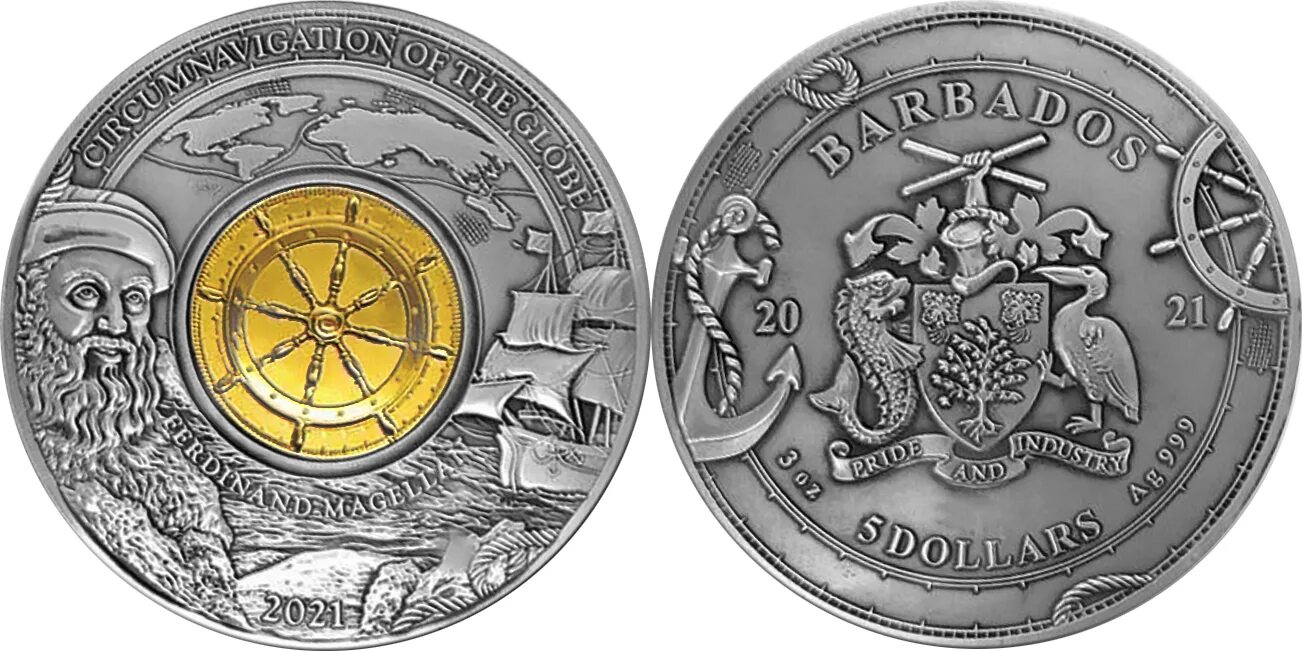 Серебряная монета 4. Ferdinand Magellan 500th Anniversary 3 oz Silver Coin 5$ Barbados 2021. Монета космос Барбадос. 2021 Niue 1 oz Silver PCGS 35th Anniversary Coin bu. Dollar 2021.