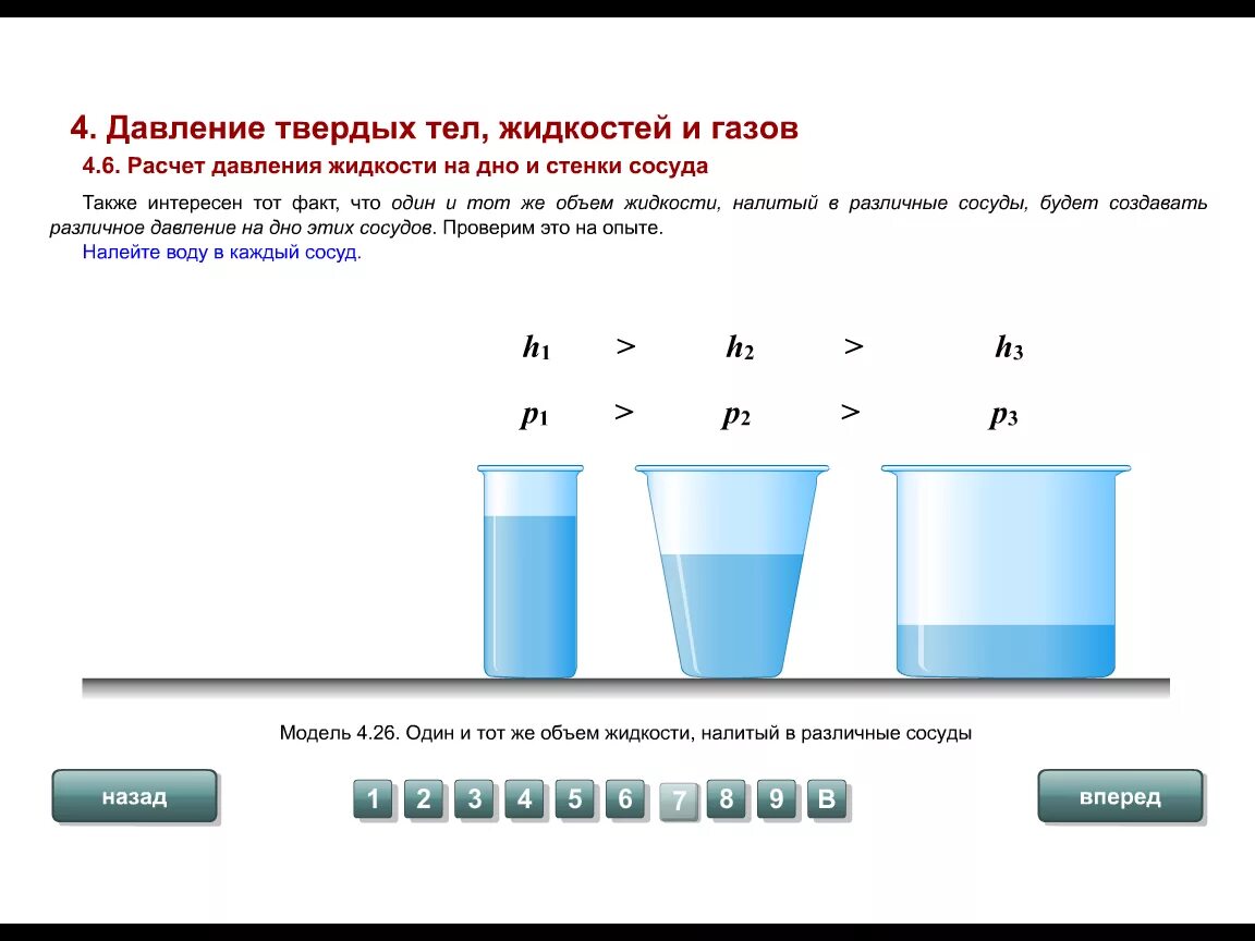 Расчет воды. Давление в жидкости на дно 7 класс физика. Формула давления воды на дно сосуда 7 класс. Давление столба жидкости на дно сосуда. Давление на стенки сосуда формула физика.