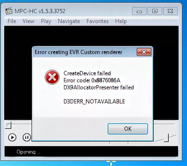 Media Player Error. CREATEDEVICE failed. Ошибка создания d3d устройства. D3derr_invalidcall.