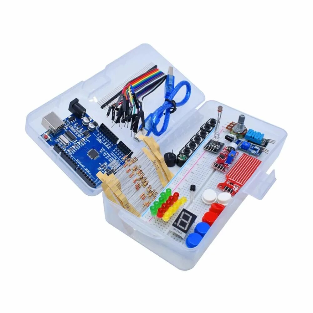 Набор arduino uno r3. Набор arduino starter kit uno r3 с модулем реле. набор arduino starter kit uno r3 с модулем реле (расширенный). стартовый набор ардуино. набор arduino starter kit uno r3 с модулем реле (расширенный) и 21 уроком.