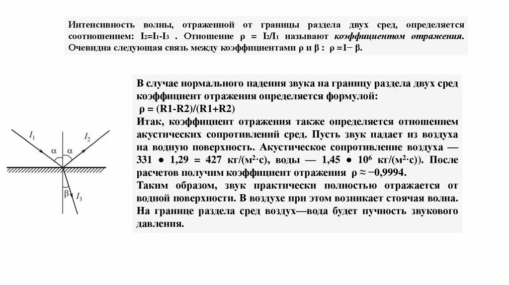 Граница раздела двух сред. Коэффициент отражения на границе раздела двух сред. Интенсивность отраженной волны. Волны на границе раздела двух сред.