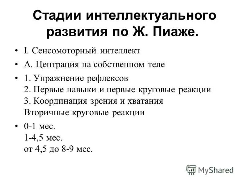 Стадии интеллектуального развития ребенка. Стадии сенсомоторного интеллекта по Пиаже. Стадии интеллектуального развития ж. Пиаже. Круговые реакции по Пиаже.