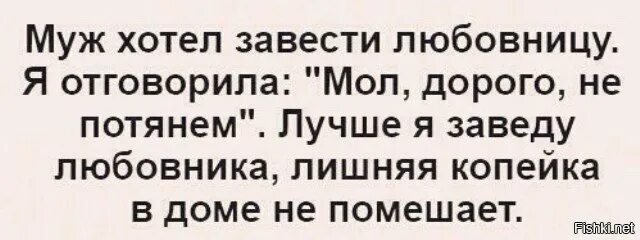 Лишняя копейка в доме не помешает анекдот. Муж хотел завести любовницу, жена говорит не потянем, лучше я. Хочу мужу любовницу