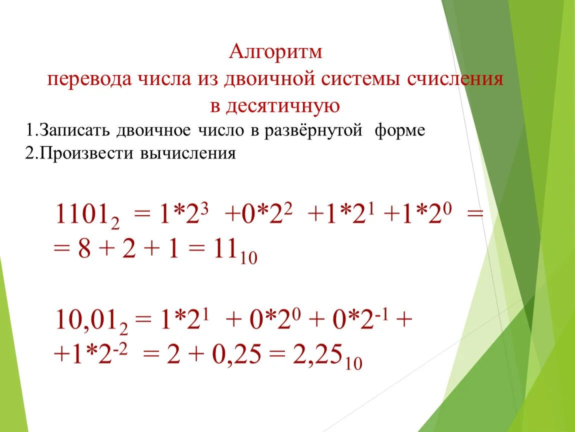 Алгоритм перевода из двоичной системы счисления в десятичную. Алгоритм перевода числа из двоичной системы счисления в десятичную. Перевод из десятичной системы в двоичную алгоритм. Алгоритм перевода чисел из десятичной системы в двоичную.