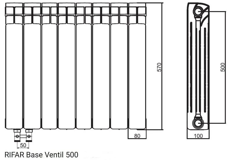 Радиатор биметалл Rifar BASE VENTIL VL 350 x3/4", 10 секции 1390вт