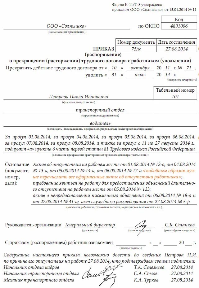 Формулировка основания увольнения