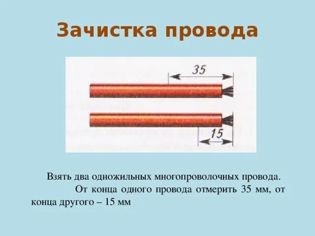 Монтаж электрической цепи. Зачистка проводов схема. Зачищенный провод. Зачистка одножильного провода.