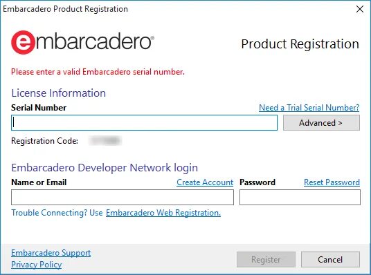 Embarcadero product Registration серийный номер. Please enter a valid Phone number.. Логин и пароль для Embarcadero. Please enter a valid password. Product registration