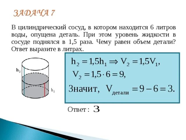 Формула объема воды 7 класс. Формула нахождения объема жидкости. Объем цилиндрического сосуда формула. Объем воды в сосуде.