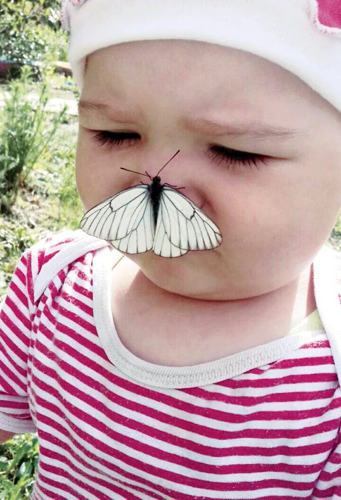 Лето на носу. Бабочка на носу малыша. Девочка с бабочкой на носу.