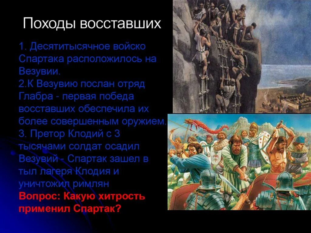 Где восставшие устроили лагерь восстание спартака. Походы восставших. Походы восставших кратко. Первая победа над римскими войсками.