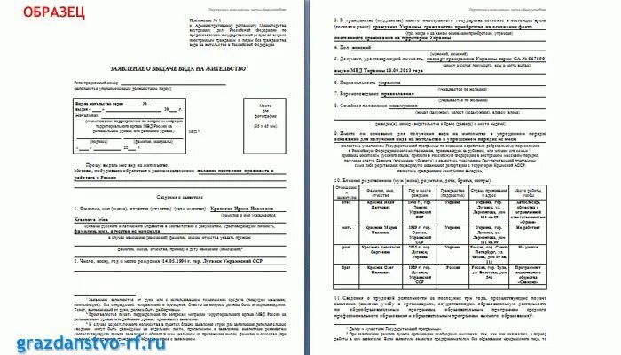 Образец заявления на вид на жительство в России. Пример заполнения анкеты на ВНЖ В России. Образец бланка внж