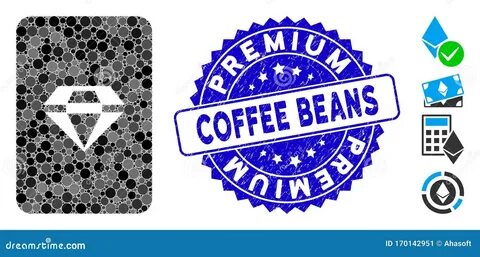 Mosaic ruby gaming card icon and grunge stamp seal with Premium Coffee Bean...