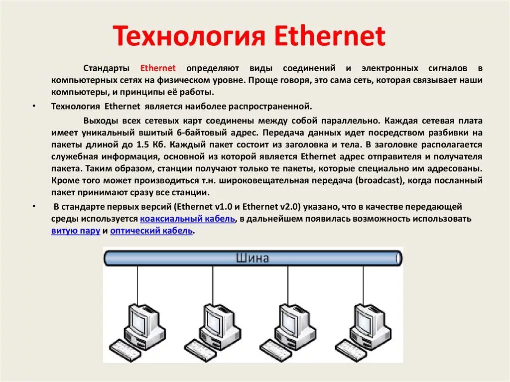 Технология работы сети. Общее описание технологии Ethernet:. Технологии локальных компьютерных сетей. Технология Ethernet.. Передача данных в локальной сети, построенной по технологии Ethernet.. Технология локальных сетей Ethernet.