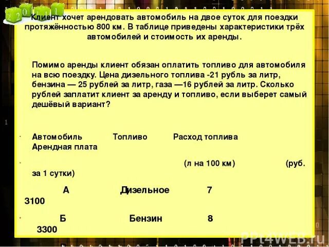 Клиент хочет арендовать. Клиент хочет арендовать автомобиль на сутки для поездки на 500. Расчет приведен в таблице ниже. Клиент хочет арендовать автомобиль на сутки для поездки 700 км. Помимо аренды клиент обязан оплатить топливо.