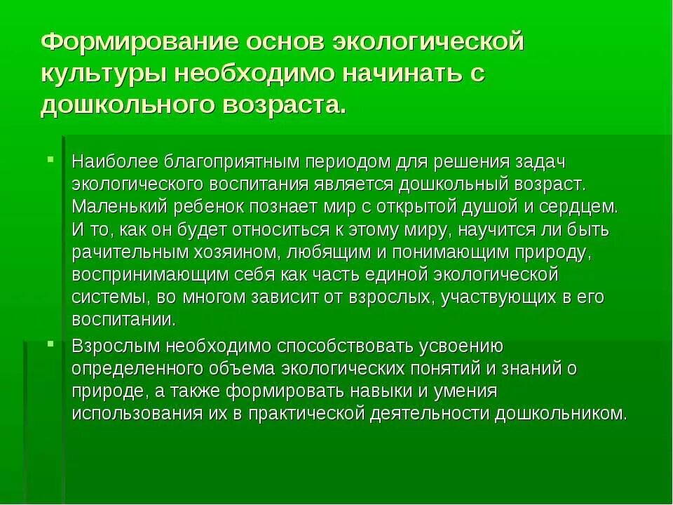 Экологическая деятельность задачи. Формирование основ экологической культуры дошкольников. Становление экологической культуры. Критерии экологической культуры. Этапы формирования экологической культуры дошкольников.