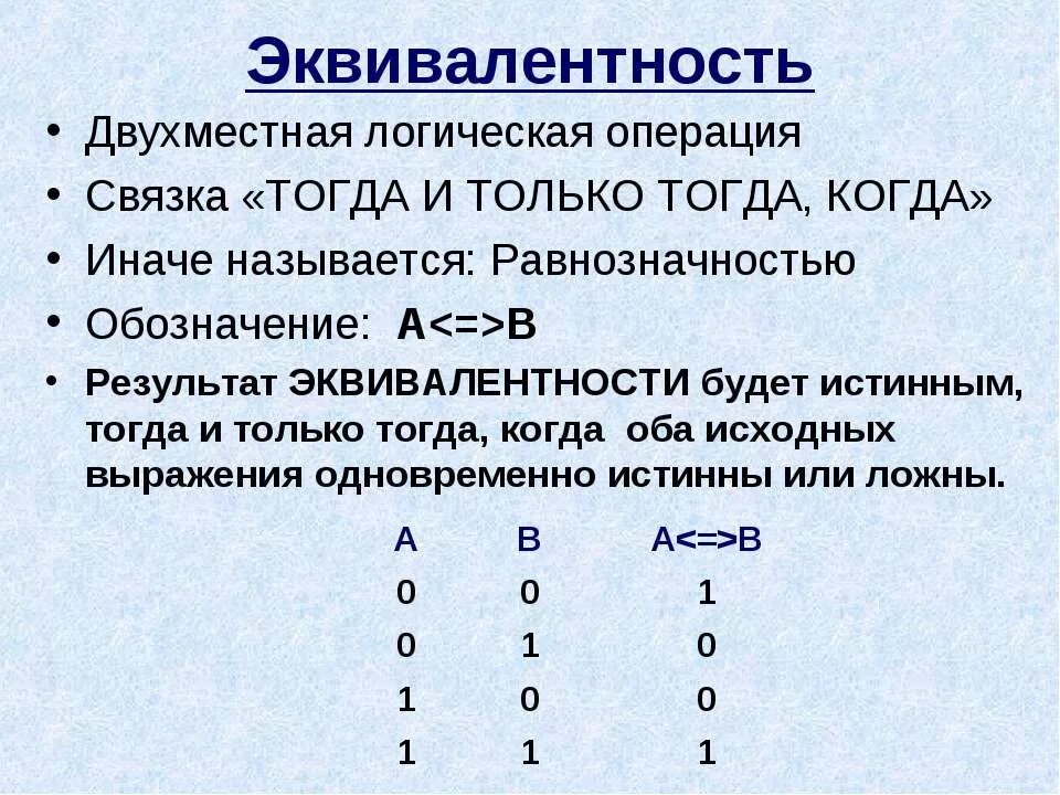 Эквивалентность обозначение. Логическая операция эквиваленция. Логическая эквивалентность. Тогда и только тогда логическая операция. Эквивалентность логическая связка.