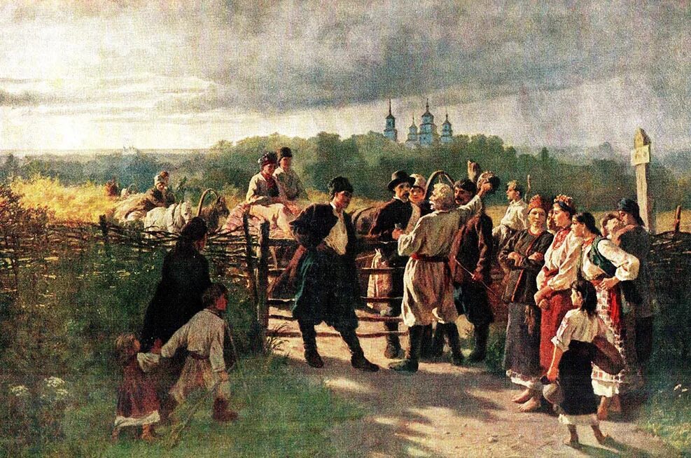 Г. Рябушкин. Выкуп невесты на руси. «крестьянская свадьба в тамбовской губернии» (1880). Мясоедов смотрины невесты картина.
