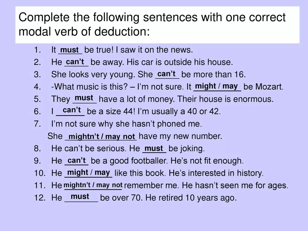 Complete the sentences using do make. Complete the sentences. Предложения с must. Sentences with modal verbs. Correct the sentences modal verbs.