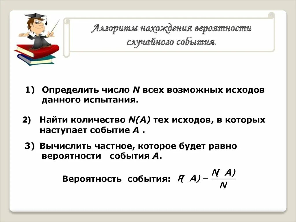 Конспект урока по вероятности 7 класс. Алгоритм вычисления вероятности. алгоритм нахождения вероятности. нахождение вероятности случайного события. алгоритм нахождения вероятности события.