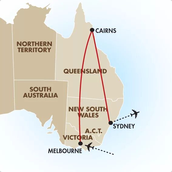 Золотой треугольник Австралии. Золотой треугольник Австралии на карте. - Мельбурн – Кэрнс,. Мельбурн - Сидней – Кэрнс (большой Барьерный риф) – Голд Кост.