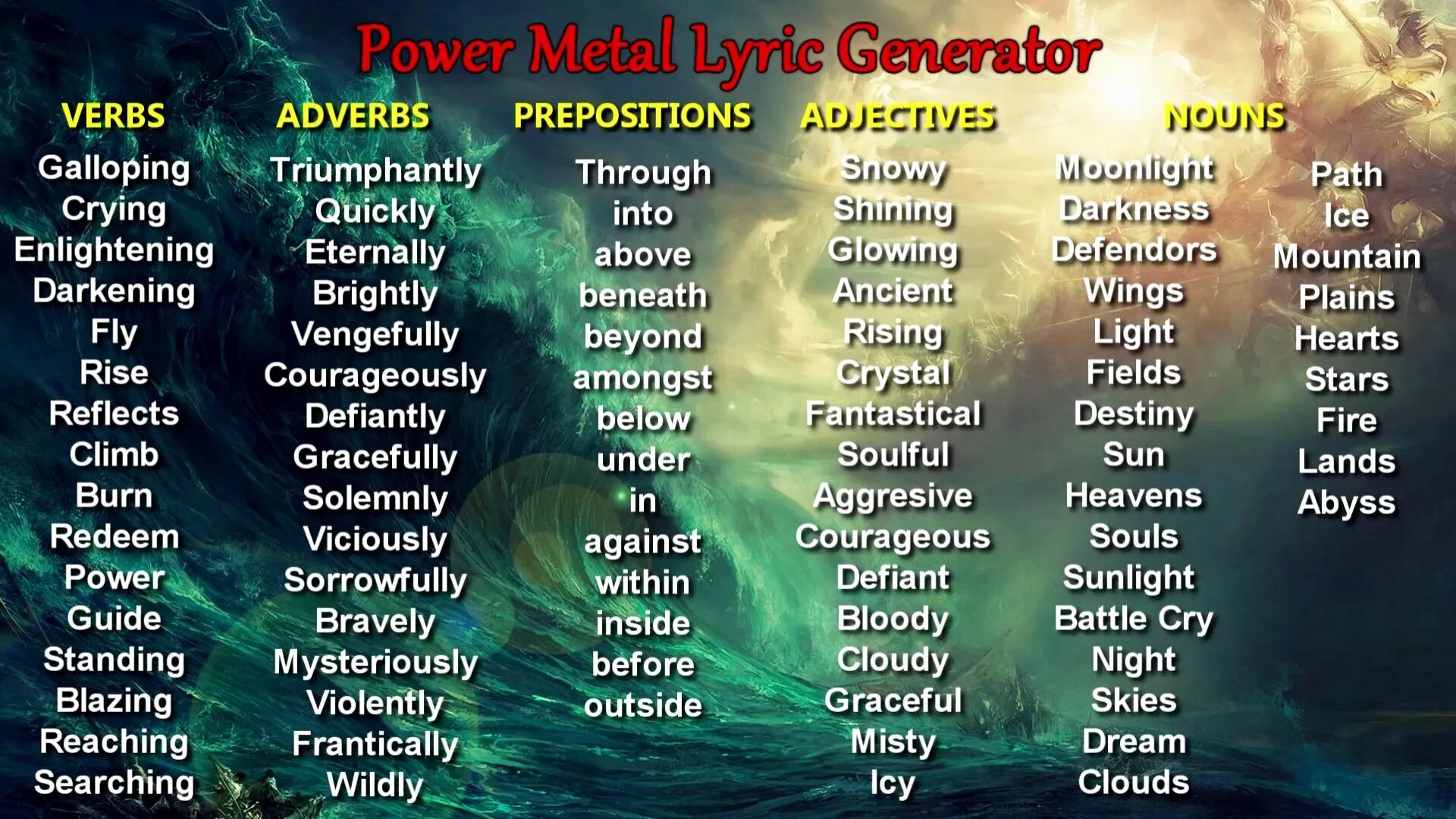 Слова пауэр. Генератор текста для Power Metal. Генератор Пауэр металл. Metal Lyrics Generator. Power Metal группы.