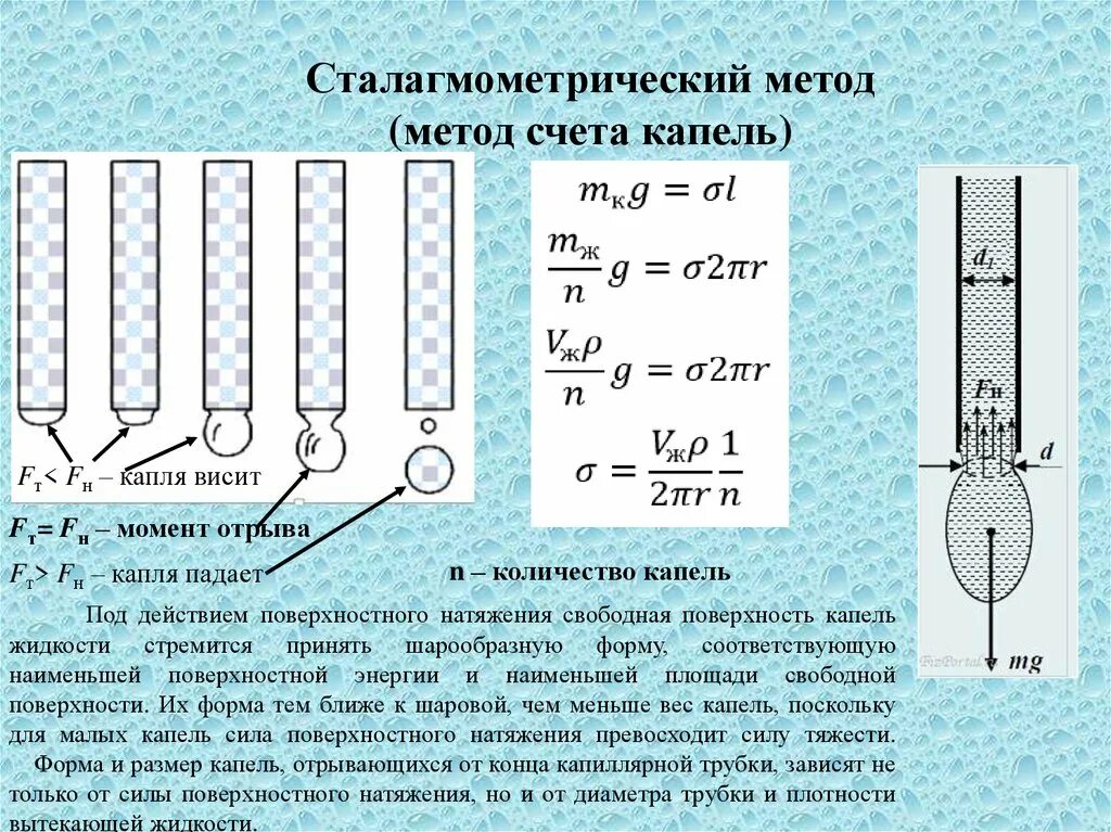 Чему равна сила натяжения воды. Метод счета капель поверхностное натяжение. Сталагмометрический метод. Прибор для измерения поверхностного натяжения жидкости. Поверхностное натяжение сталагмометрическим методом.