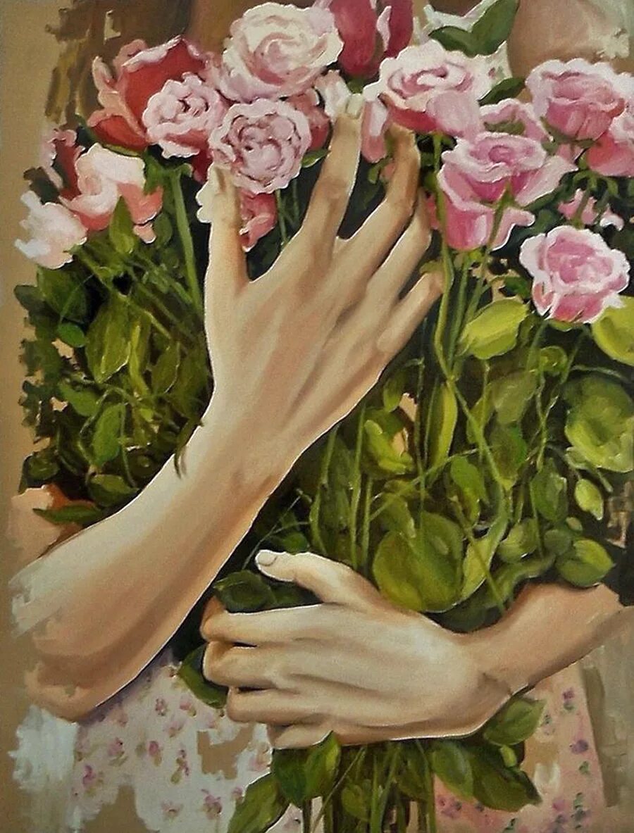 Обнимая букет. Бразильский художник Consuelo Arantes. Розы живопись. Картина цветы в руках.
