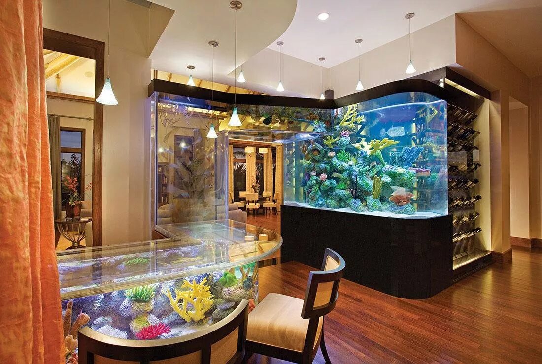 Большой аквариум дома. Аквариум в интерьере. Дизайнерский аквариум. Аквариум с рыбками в интерьере.