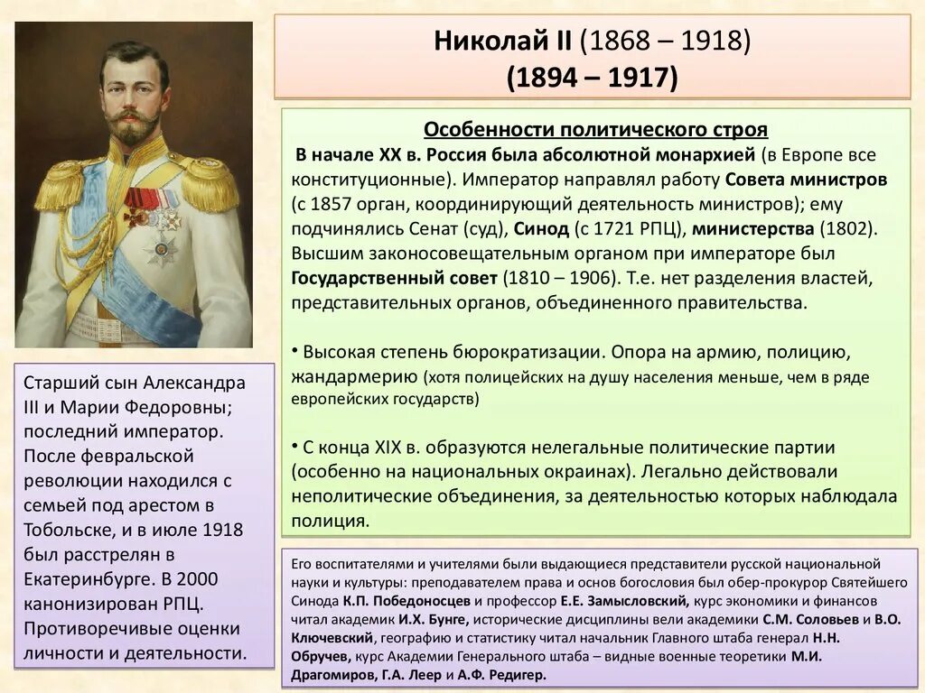 Даты правления николая ii. Россия в период правления Николая 2. Политический портрет Николая 2 таблица. Внутренняя политика Николая 2 1894 1917.