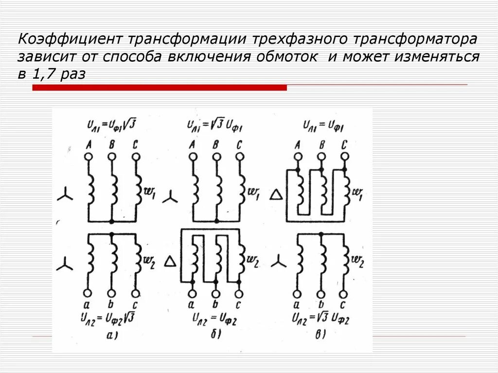 Коэффициент трансформации измерительных трансформаторов. Коэффициент трансформации трехфазного трансформатора. Коэффициент трансформации трансформатора формула. Схема трансформатора напряжения 3 фазного. Схема подключения трехфазного силового трансформатора.