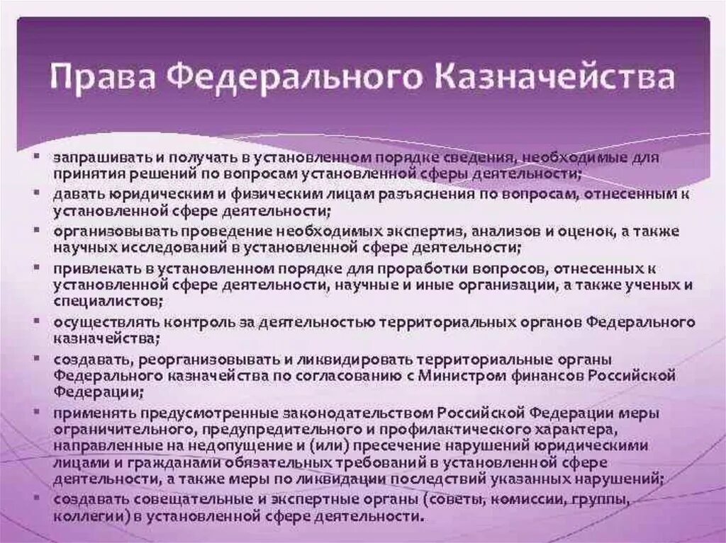 Полномочия казначейства. Органы федерального казначейства имеют право.