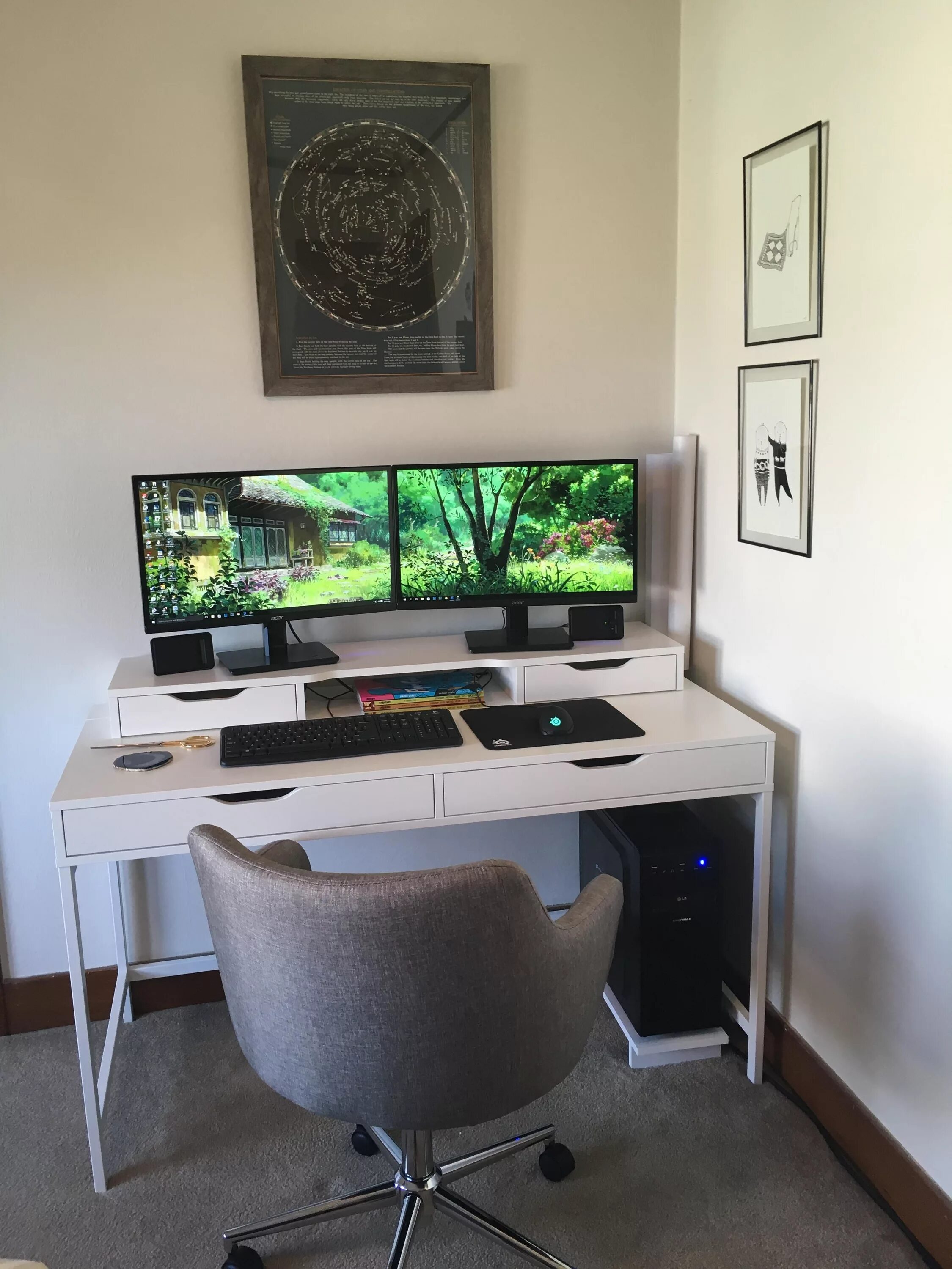 Красивый компьютерный стол. 2 компьютера в доме. Игровая комната геймера. Imac в интерьере. Комната с компьютерным столом.